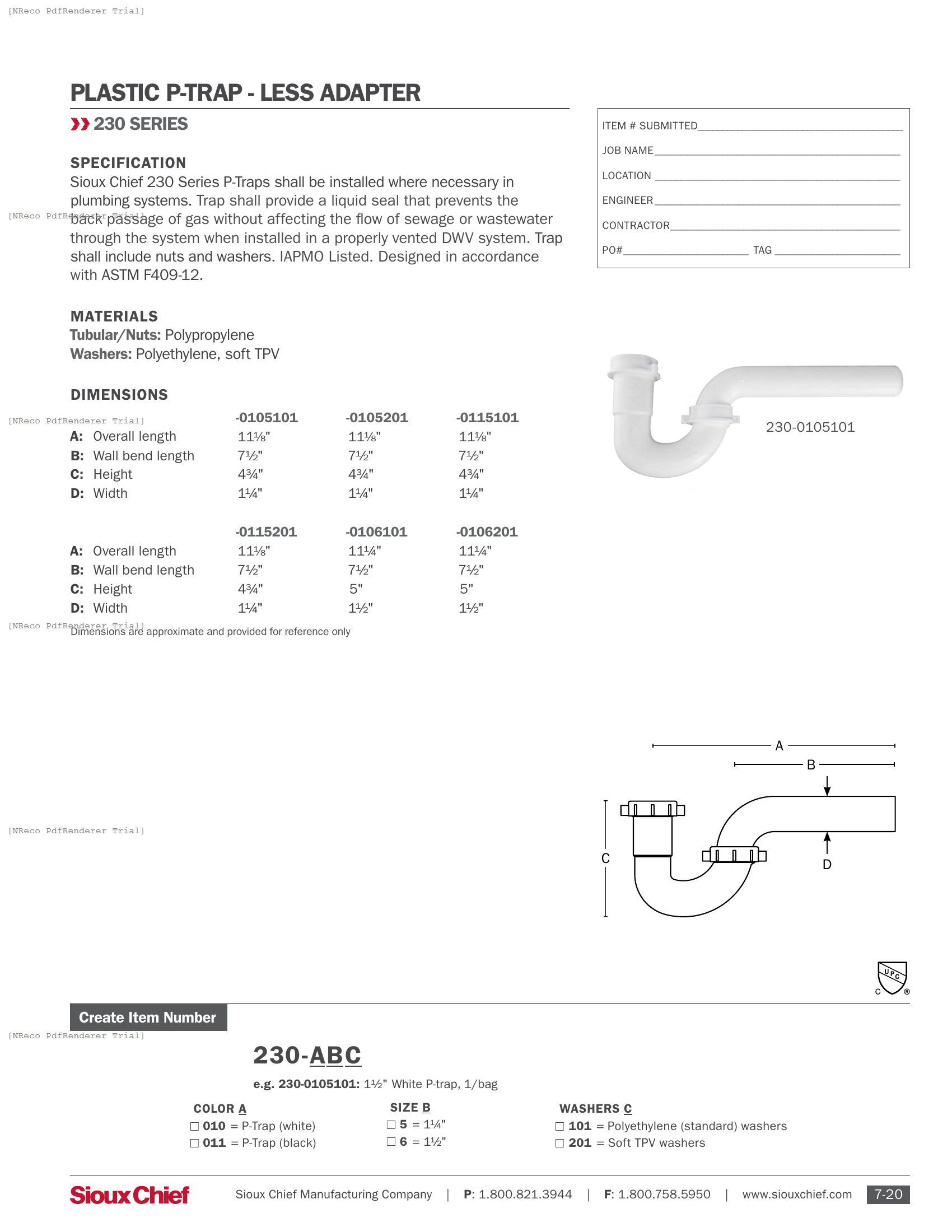 230 SERIES - PLASTIC P-TRAPS LESS ADAPTER - SPEC SHEET.PDF Specification Document